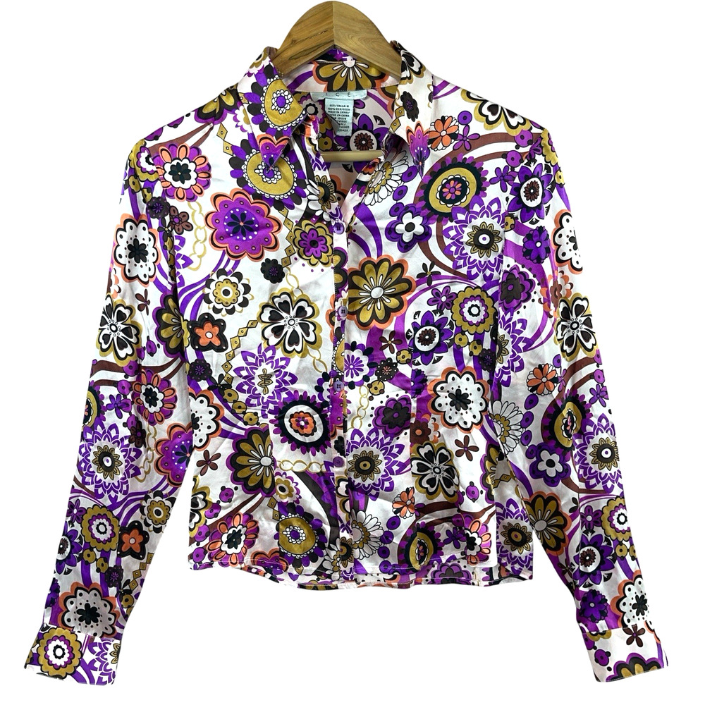 Vintage Y2K I.C.E 100% Silk Purple Geometric Abstract Blouse Size 4 Whimsical